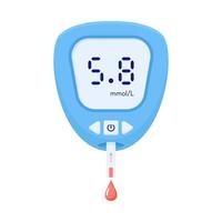 Portable glucometer with normal values. Blood glucose test. Blood sugar readings. Diabetes control and diagnostics. Medical measurement apparatus. Vector illustration