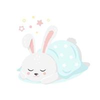 Funny rabbit sleeping covered by blanket vector flat illustration. Cute sleepy bunny lying down having sweet dream isolated on white. Childish colorful animal relaxing