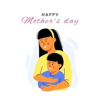 Happy mothers day card. Mother carrying her little son. Vector Illustration