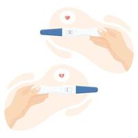 Pregnancy or ovulation positive and negative test in woman hand top view isolated on abstract background. Female reproductive design, planning of pregnancy concept. Vector illustration