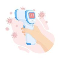 Digital non-contact infrared thermometer in hand doctor. Medical thermometer measuring body temperature. Vector flat design. Isolated white background. Prevention of coronavirus disease 2019-nCoV.