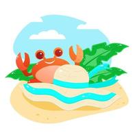 Summer greeting card. Postcard. Vector. Funny crab on the beach in the sand. A straw hat. vector