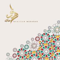 diseño lujoso y elegante ramadan kareem con caligrafía árabe y detalles coloridos ornamentales islámicos de mosaico para saludo islámico.ilustración vectorial. vector