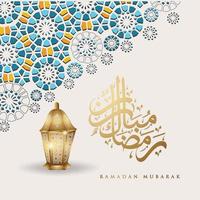 diseño lujoso y elegante ramadan kareem con caligrafía árabe, linterna tradicional y colorido detalle ornamental islámico de mosaico para saludo islámico.ilustración vectorial. vector