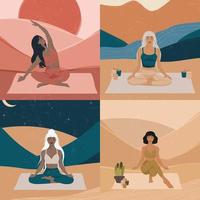 diferentes chicas en pose de yoga en diferentes orígenes en colores pastel en estilo boho vector