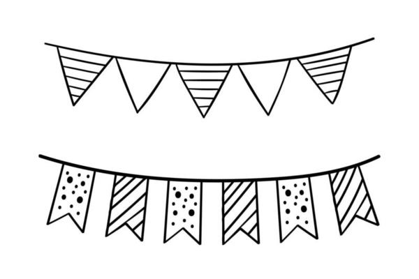 Doodle party bunting flags set. Black line sketch garlands