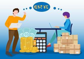 Male and female seller rejoicing at online trading Their success is achieved through multi-currency sales. vector