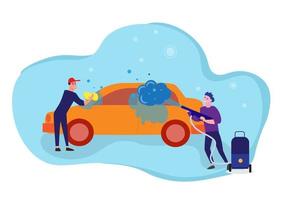 Male employees helping to wash cars, clean style, auto service. Vector illustration.