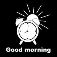 An alarm clock with the sun, a simple icon, a linear symbol, a good morning banner. White icon on a black background. Inversion vector