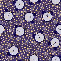 seamless pattern of alarm clock and stars on a dark background. vector illustration.