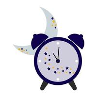 Alarm clock icon, flat color illustration of an alarm clock with the moon. Vector isolated on a white background.