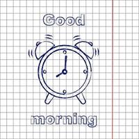 a simple alarm clock icon, a linear symbol with a thin outline. Blue ink, outline outline style. A hand-drawn picture on a piece of paper. Scribbles on a checkered background vector