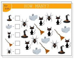 math game for kids count how many of them, broom, ghost, cat, spider, hat vector