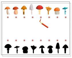 A logical game for children, find the right shadow for mushrooms. vector