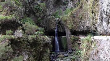 fantastiskt vattenfall djupt inne i berget. vatten som rinner ner i en grotta. djungelkänsla. resa världen runt. semester för avkopplande stunder. levada do moinho till levada nova på madeira, portugal. video