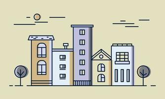Street Houses line art concept. Daytime Townscape. Urban Landscape with Buildings, Trees. Vector illustration