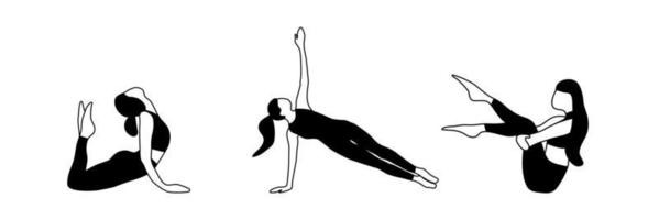 Set of fitness woman flat shape design. Stretching, Pilates, yoga, balance, ballet, dance exercises. Sport vector concept