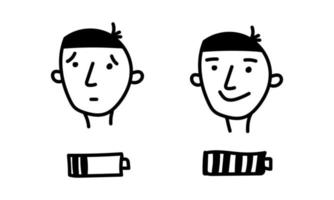 Recharge human. Cartoon man before and after, sick and healthy, bad and good mood. Vector