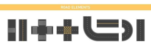 segmentos de carretera, juego de piezas. elementos de carretera, constructor de vías. paso de peatones urbano, carretera y cruce de caminos. vector