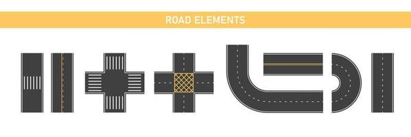 Road segments, parts set. Highway elements, way constructor. Urban crosswalk, road and crossroads. Vector