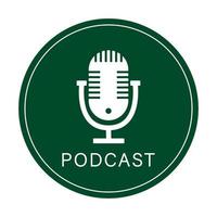 Podcast radio icon. Studio table microphone with broadcast text podcast. Webcast audio record concept logo. Vector illustration