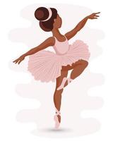 Illustration, a little girl ballerina in a pink dress and pointe shoes with ribbons. The girl is dancing. Print, clip art, vector