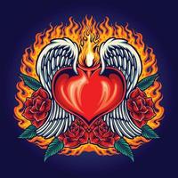 Heart angel fiery with red rose blooms Vector illustrations