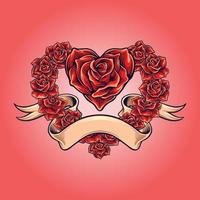 Red rose blooms love shape with vintage ribbon Vector illustrations