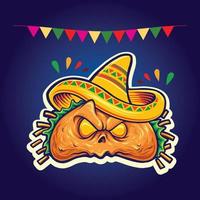 Aterradoras y deliciosas ilustraciones de vectores de mascotas de restaurante de tacos para el logotipo de su trabajo, pantalones de mercadería de mascotas, pegatinas y diseños de etiquetas, afiches, tarjetas de felicitación que anuncian empresas comerciales o marcas