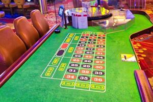 moderna sala de casino con máquinas tragamonedas, ruleta y mesas de blackjack foto