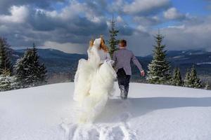 The groom leads his bride by the hand to a lonely old beech. Winter wedding. Place for a logo. photo