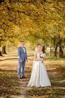 Young groom and beautiful bride in the autumn park. Focus on the girl. The girl is blowing a wedding bouquet in her hands. photo