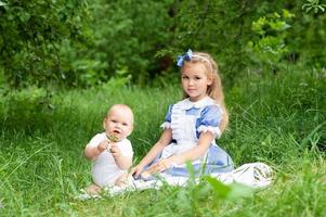 una niña linda y su hermanito hacen un picnic en el parque.