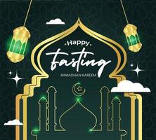 ramadan kareem en saludos de caligrafía árabe con moque y decoración islámica, traducido como ayuno feliz, puede usarlo para tarjetas de felicitación, calendario, volante y afiche, ilustración vectorial vector