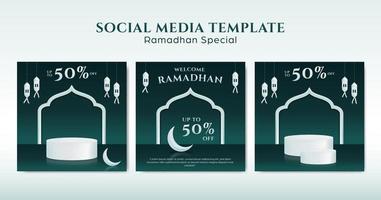 Social media ramadhan post template set for promotion with white podium product showcase and green background vector