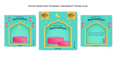 blue trendy colorful social media square post background islamic ramadhan template set for product sale promotion with 3d platform podium showcase display vector