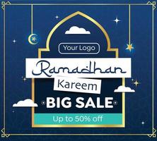 Ramadan sale banner template design with a crescent moon and lanterns with Islamic background ornaments. suitable for web promotion and social media. vector