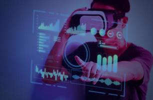 Digital big data and metaverse virtual screen technology concept WEB 3.0.Man using virtual reality headset virtual reality device. photo