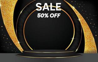 sale banner podium for product sale with shiny black and golden design background