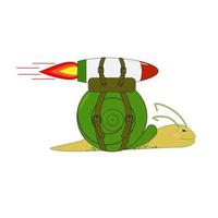 Flying snail with a backpack and a rocket. Funny cartoon character with a rocket. Vector illustration on a white background.