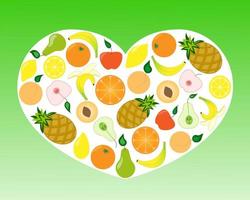 Assorted whole and sliced fruits in a white heart on a green background. Fruit heart vector