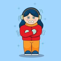 A young girl or child is frozen in the cold. A girl with blue hair in a red jacket and yellow pants. Vector illustration