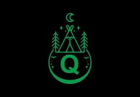 Green color of Q initial letter in camping circle badge vector