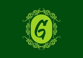 Green G initial letter in oval classic frame vector