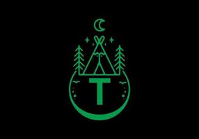 Green color of T initial letter in camping circle badge vector