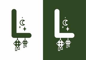 Green and white color of L initial letter in ramadan theme vector