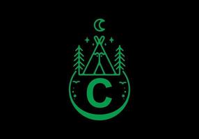 Green color of C initial letter in camping circle badge vector