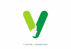 Green color of V initial letter with women face shape vector