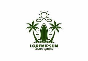 ilustración de arte de línea verde de tabla de surf y cocotero con texto de lorem ipsum vector