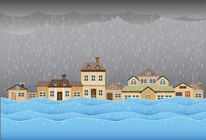 inundación desastre natural con casa, fuertes lluvias y tormentas, daños en el hogar, nubes y lluvia, agua de inundación en la ciudad, casa inundada. vector